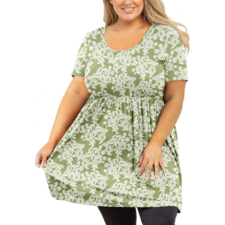 SHOWMALL Plus Size Tunic for Women Short Sleeves Green Roses 3X Tops Neck Clothes Summer Flowy Maternity Clothing Shirt -