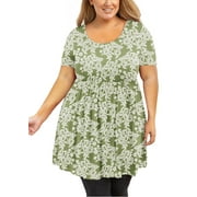 SHOWMALL Plus Size Tunic for Women Short Sleeves Green Roses 3X Tops Scoop Neck Clothes Summer Flowy Maternity Clothing Shirt