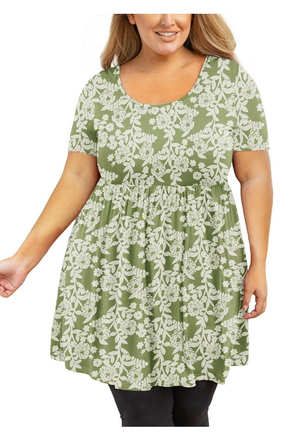 Plus Size Tunic for Women Short Sleeves Green Roses 3X Tops Scoop Neck Clothes Summer Flowy Maternity Clothing Shirt