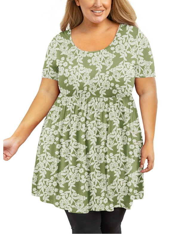 SHOWMALL Plus Size Tunic for Women Short Sleeves Green Roses 3X Tops Scoop Neck Clothes Summer Flowy Maternity Clothing Shirt