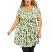 SHOWMALL Plus Size Tunic for Women Short Sleeves Green Roses 4X Tops Scoop Neck Clothes Summer Flowy Maternity Clothing Shirt