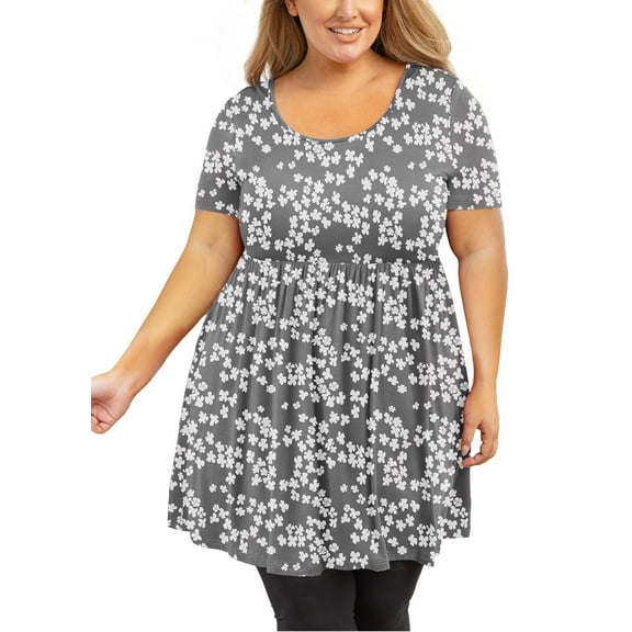 SHOWMALL Plus Size Tunic for Women Short Sleeves Grey Sakura 2X Tops Scoop Neck Clothes Summer Flowy Maternity Clothing Shirt