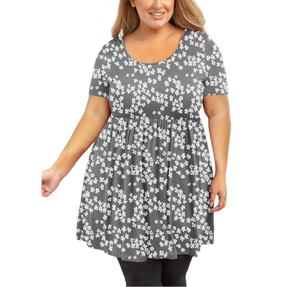 SHOWMALL Plus Size Tunic for Women Short Sleeves Grey Sakura 3X Tops Scoop Neck Clothes Summer Flowy Maternity Clothing Shirt