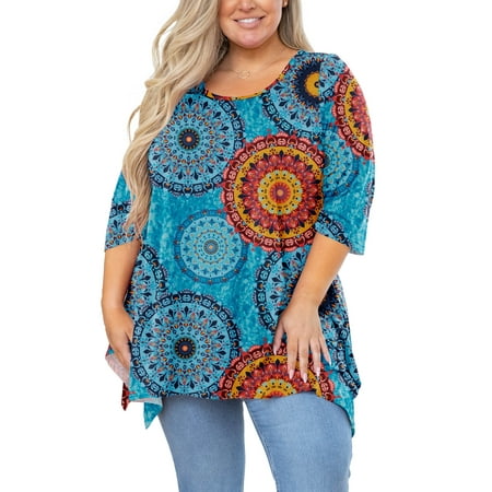 SHOWMALL Plus Size Tunics for Women 3/4 Sleeve Blouse Swing Top Floral Mix Blue 3X Clothing Crewneck Maternity Loose Fitting Clothes