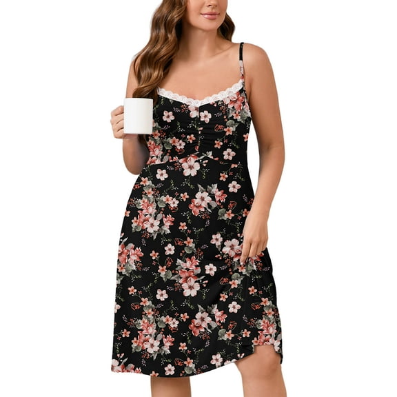 SHOWMALL Plus Size Women Lace Nightgown Sexy Spaghetti Strap Cami Sleeveless Black Peachblossom 3X Sleepwear Floral Comfy Sleep Dress