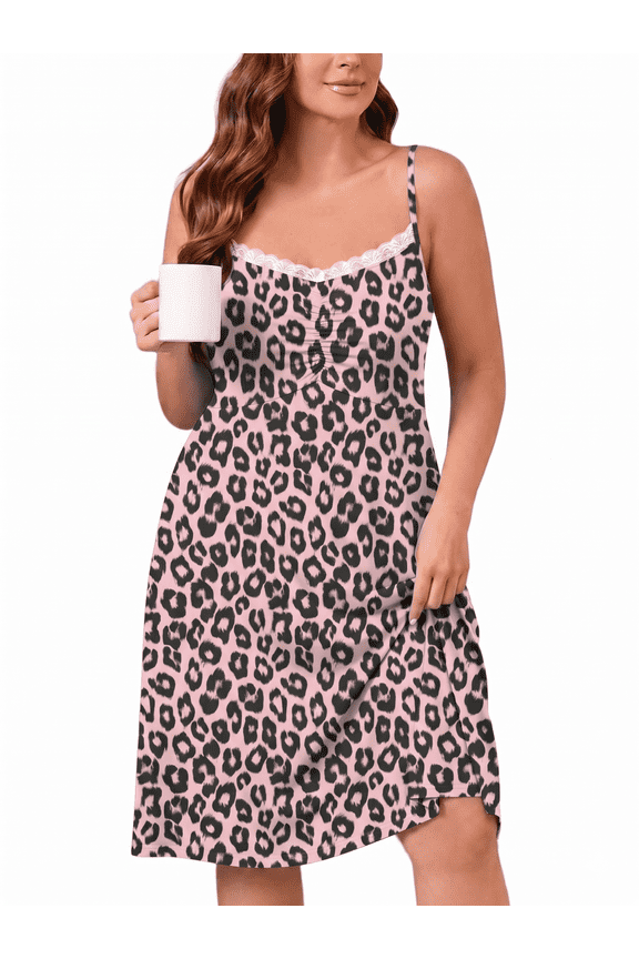 Plus Size Women Lace Nightgown Sexy Spaghetti Strap Cami Sleeveless Pink Leopard 4X Sleepwear Floral Comfy Sleep Dress