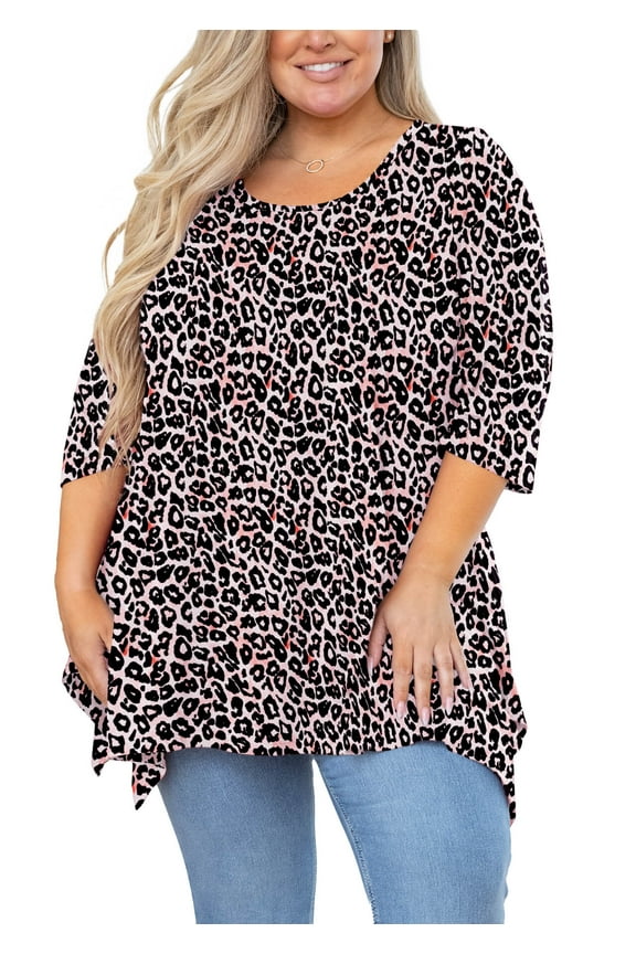 Plus Size Women Top 3/4 Sleeve Clothes Fancy Peachy Leopard 3X Blouse Swing Tunic Crewneck Loose Clothing Shirt for Leggings