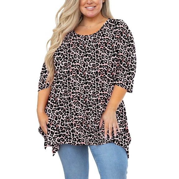 SHOWMALL Plus Size Women Top 3/4 Sleeve Clothes Fancy Peachy Leopard 4X Blouse Swing Tunic Crewneck Loose Clothing Shirt for Leggings