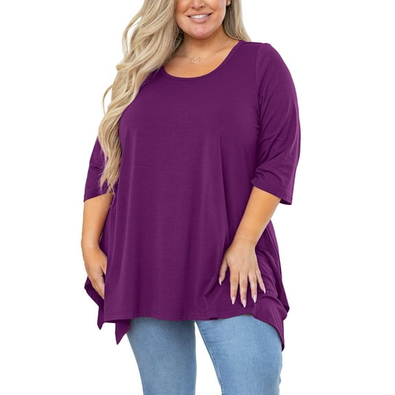 SHOWMALL Plus Size Women Top 3/4 Sleeve Clothes Purple 1X Blouse Swing Tunic Crewneck Loose Clothing Shirt for Leggings