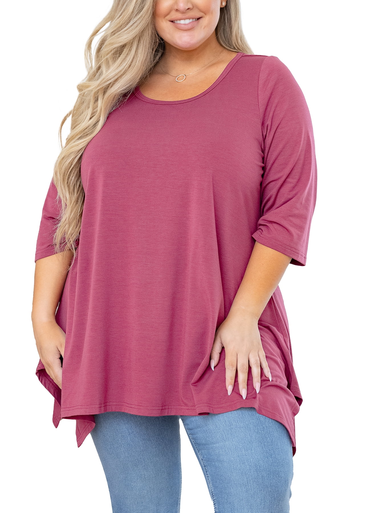 SHOWMALL Plus Size Women Top 3/4 Sleeve Clothes Purple Red 2X Blouse Swing  Tunic Crewneck Loose Clothing Shirt for Leggings 