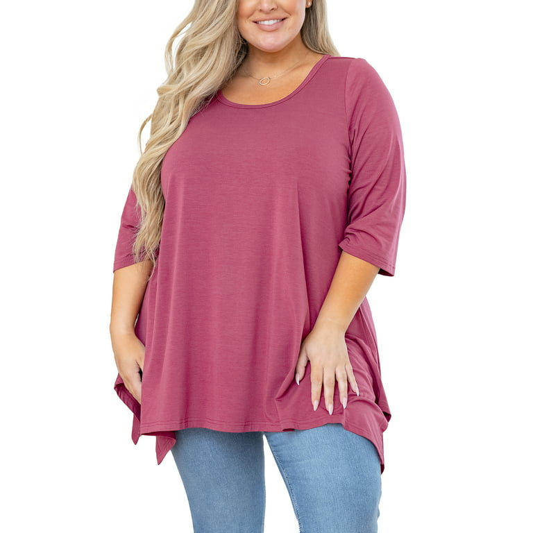 SHOWMALL Plus Size Women Top 3/4 Sleeve Clothes Purple Red 2X Blouse Swing  Tunic Crewneck Loose Clothing Shirt for Leggings