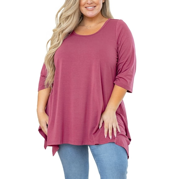 SHOWMALL Plus Size Women Top 3/4 Sleeve Clothes Purple Red 3X Blouse Swing Tunic Crewneck Loose Clothing Shirt for Leggings