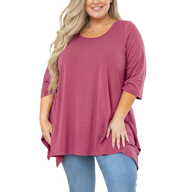 SHOWMALL Plus Size Women Top 3/4 Sleeve Clothes Purple Red 5X Blouse Swing Tunic Crewneck Loose Clothing Shirt for Leggings