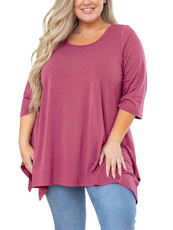 Plus Size Women Top 3/4 Sleeve Clothes Purple Red 5X Blouse Swing Tunic Crewneck Loose Clothing Shirt for Leggings