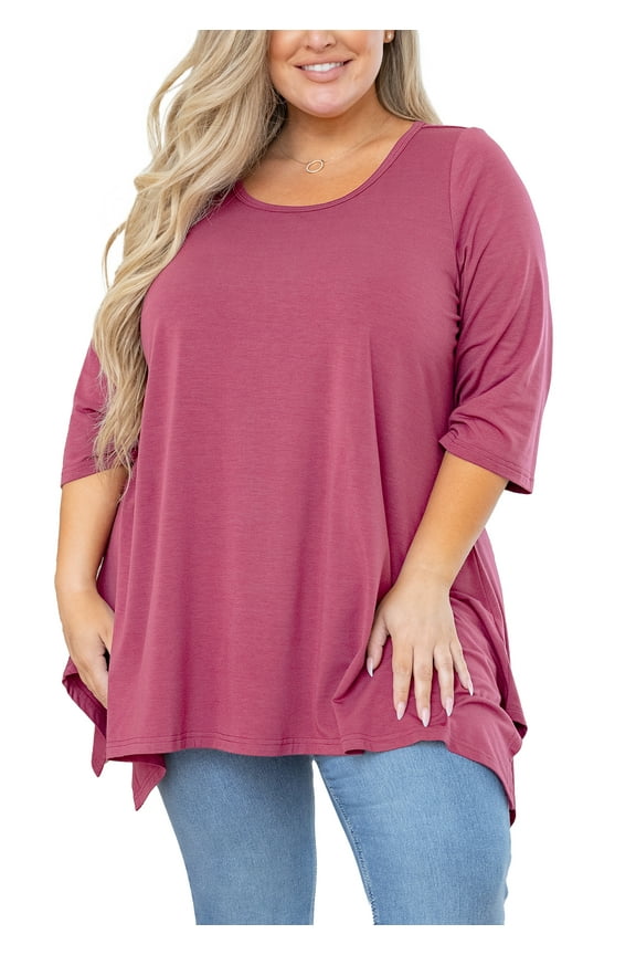 Plus Size Women Top 3/4 Sleeve Clothes Purple Red 5X Blouse Swing Tunic Crewneck Loose Clothing Shirt for Leggings