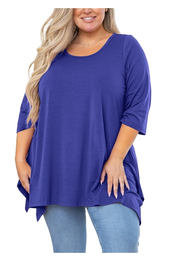 Plus Size Women Top 3/4 Sleeve Clothes Royal Blue 2X Blouse Swing Tunic Crewneck Loose Clothing Shirt for Leggings