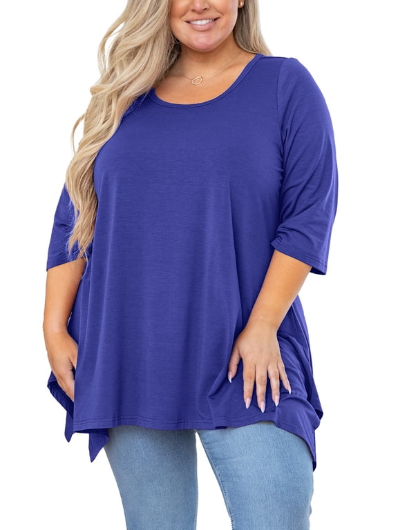 Plus Size Women Top 3/4 Sleeve Clothes Royal Blue 3X Blouse Swing Tunic Crewneck Loose Clothing Shirt for Leggings