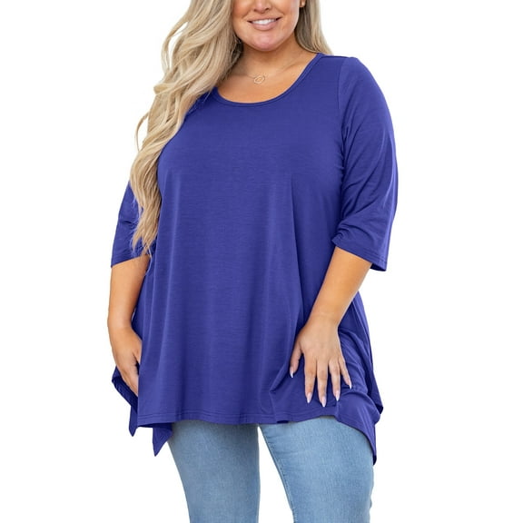 SHOWMALL Plus Size Women Top 3/4 Sleeve Clothes Royal Blue 4X Blouse Swing Tunic Crewneck Loose Clothing Shirt for Leggings