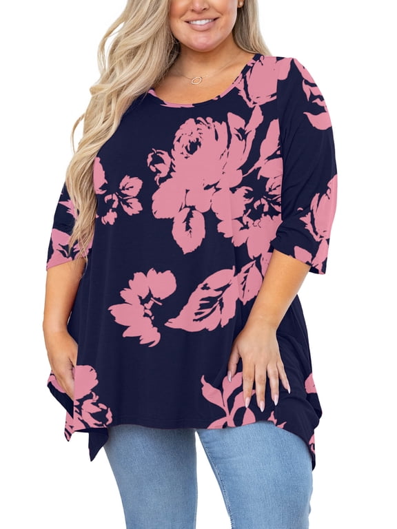 Plus Size Women Top 3/4 Sleeve Clothes Shadow Rose 3X Blouse Swing Tunic Crewneck Loose Clothing Shirt for Leggings