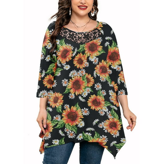 SHOWMALL Plus Size Women Top 3/4 Sleeve Sunflower 4X Blouse Swing Tunic Lace Crewneck Maternity Loose Fitting T-Shirt for Leggings
