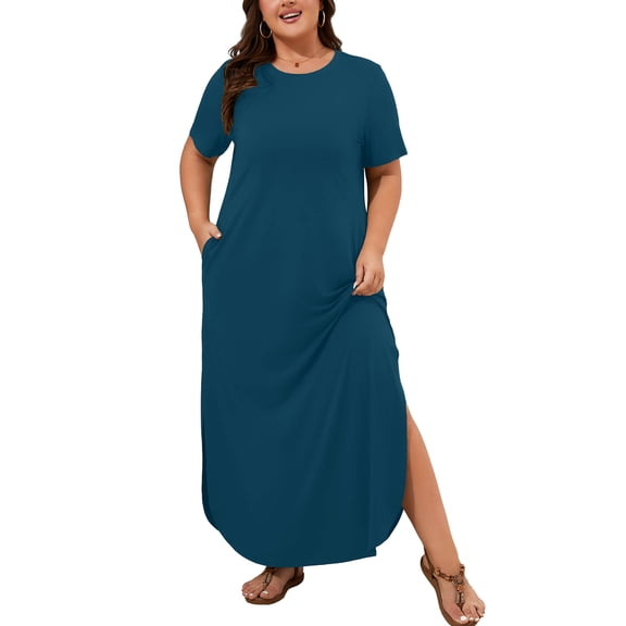 SHOWMALL Plus Size Women’s Summer Maxi Dress, Flowy Side Slit Long Dress with Pockets, Indigo Blue 2X Breathable Resort Wear for Beach Cruise & Vacation