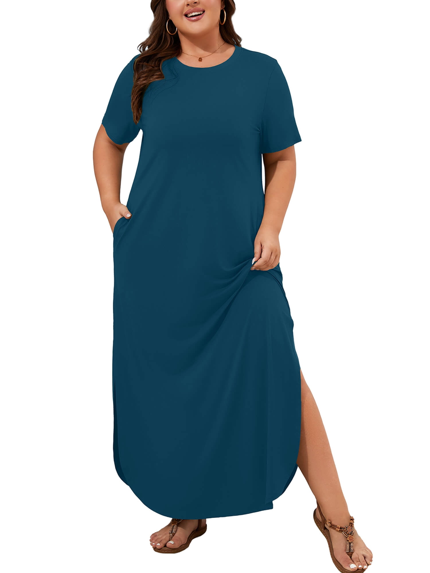 Plus Size Women's Summer Maxi Dress, Flowy Side Slit Long Dress with Pockets, Indigo Blue 3X Breathable Resort Wear for Beach Cruise & Vacation