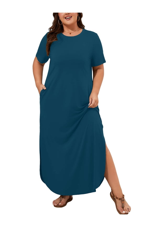Plus Size Women’s Summer Maxi Dress, Flowy Side Slit Long Dress with Pockets, Indigo Blue 3X Breathable Resort Wear for Beach Cruise & Vacation