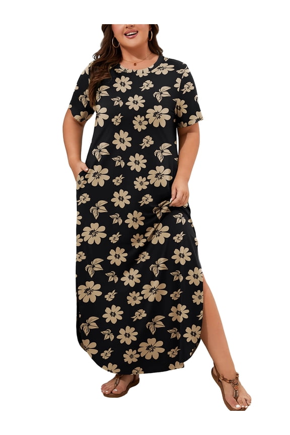 Plus Size Women’s Summer Maxi Dress, Flowy Side Slit Long Dress with Pockets, Minimalist Black Beige Floral 3X Breathable Resort Wear for Beach Cruise & Vacation