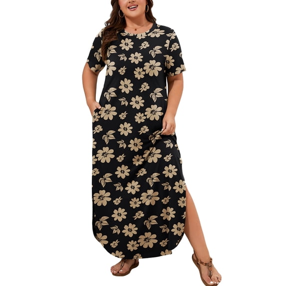 SHOWMALL Plus Size Women’s Summer Maxi Dress, Flowy Side Slit Long Dress with Pockets, Minimalist Black Beige Floral 5X Breathable Resort Wear for Beach Cruise & Vacation