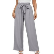 SHOWMALL Plus Size Women's Wide Leg Lounge Pants with Pockets Gray Stripe 1X Lightweight High Waisted Adjustable Tie Knot Loose Trousers