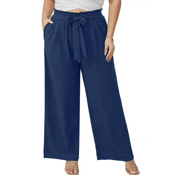 SHOWMALL Plus Size Women's Wide Leg Lounge Pants with Pockets Navy Blue 1X Lightweight High Waisted Adjustable Tie Knot Loose Trousers