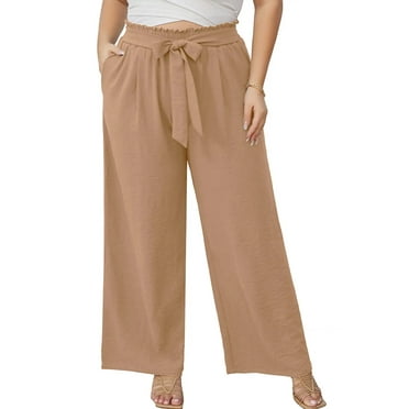 SHOWMALL Plus Size Women's Wide Leg Lounge Pants with Pockets Peach Puff 3X Lightweight High Waisted Adjustable Tie Knot Loose Trousers