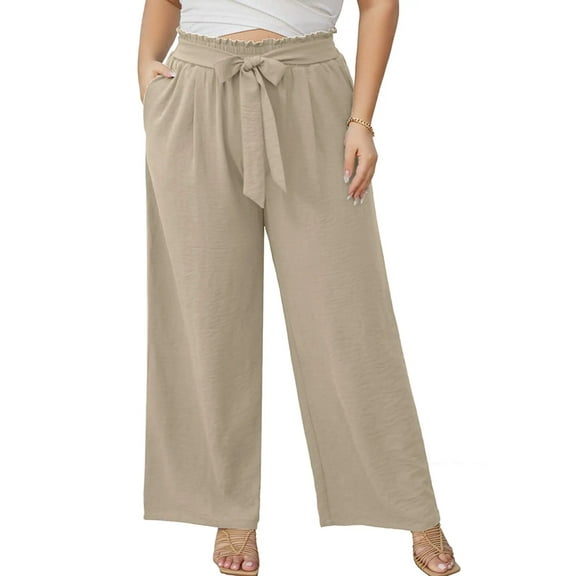 SHOWMALL Plus Size Women's Wide Leg Lounge Pants with Pockets Wheat 3X Lightweight High Waisted Adjustable Tie Knot Loose Trousers