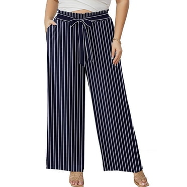 SHOWMALL Plus Size Women's Wide Leg Lounge Pants with Pockets White Stripe 3X Lightweight High Waisted Adjustable Tie Knot Loose Trousers