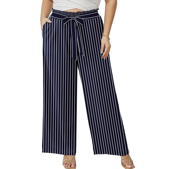 SHOWMALL Plus Size Women's Wide Leg Lounge Pants with Pockets White Stripe 3X Lightweight High Waisted Adjustable Tie Knot Loose Trousers