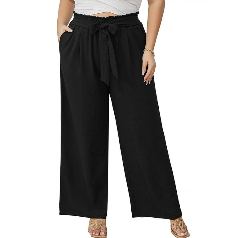 SHOWMALL Plus Size Women s Wide Leg Pants with Pockets Black 4X Lightweight Lounge Pants High Waisted Adjustable Tie Knot Loose Trousers
