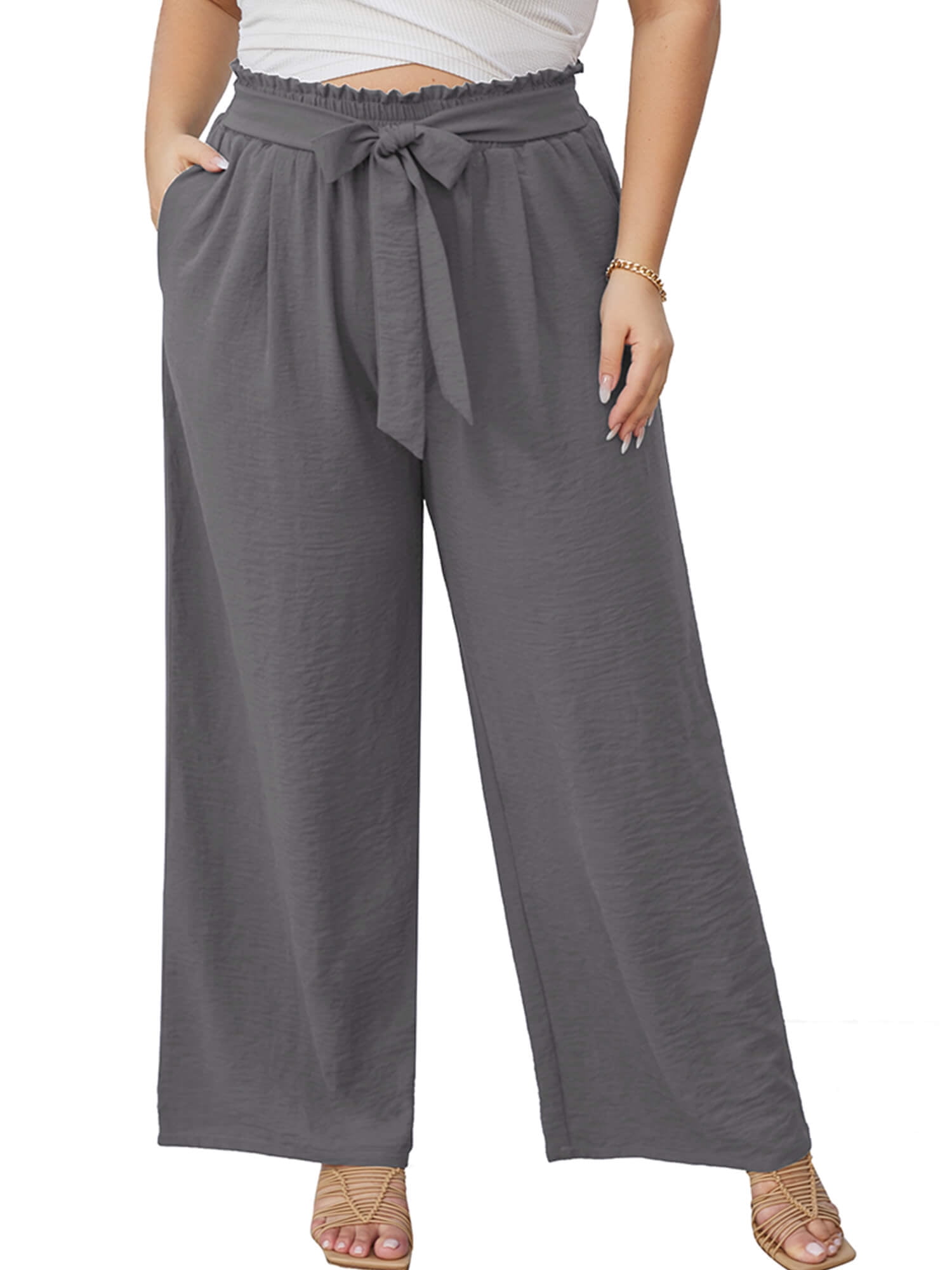 SHOWMALL Plus Size Women's Wide Leg Pants with Pockets Dark Gray