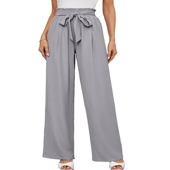 SHOWMALL Plus Size Women's Wide Leg Pants with Pockets Gray Stripe 4X Lightweight Lounge Pants High Waisted Adjustable Tie Knot Loose Trousers