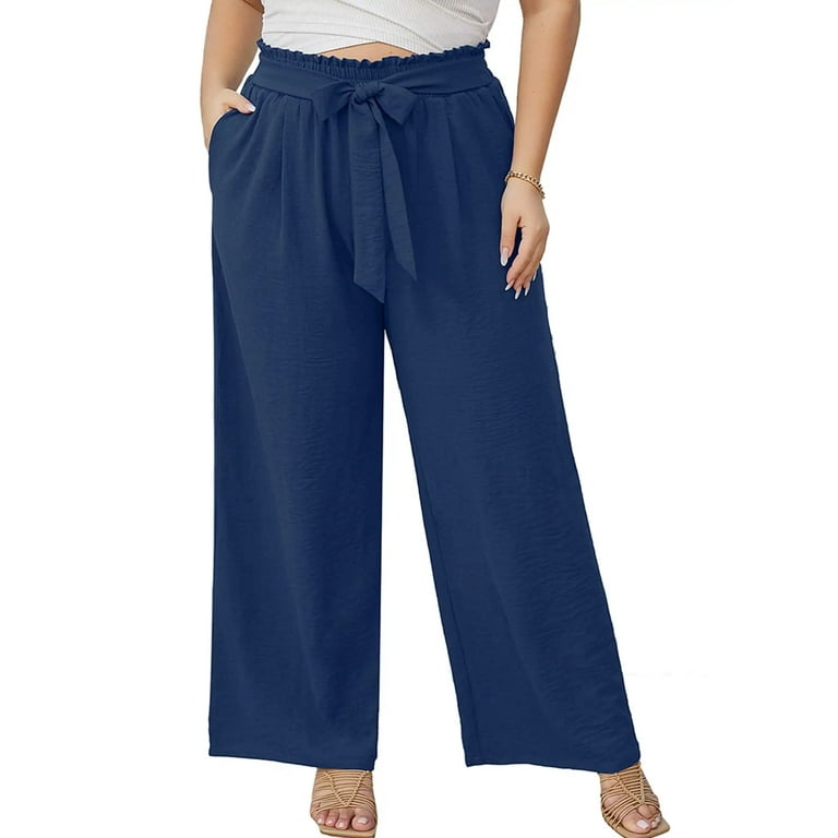 SHOWMALL Plus Size Women s Wide Leg Pants with Pockets Navy Blue 4X Lightweight Lounge Pants High Waisted Adjustable Tie Knot Loose Trousers
