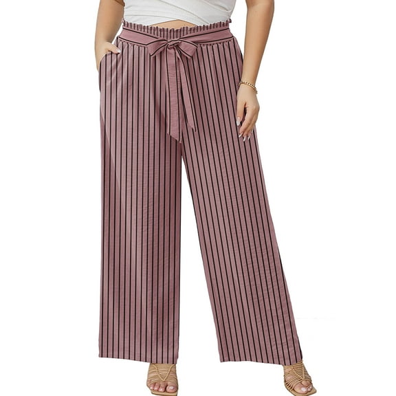 SHOWMALL Plus Size Women's Wide Leg Pants with Pockets Pink Black Stripe 4X Lightweight Lounge Pants High Waisted Adjustable Tie Knot Loose Trousers