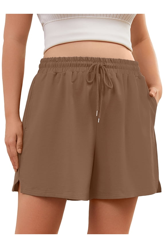 Plus Size Workout Shorts for Women, Casual Lounge Shorts, Coffee 4X Soft Cotton Athletic Shorts with Pockets