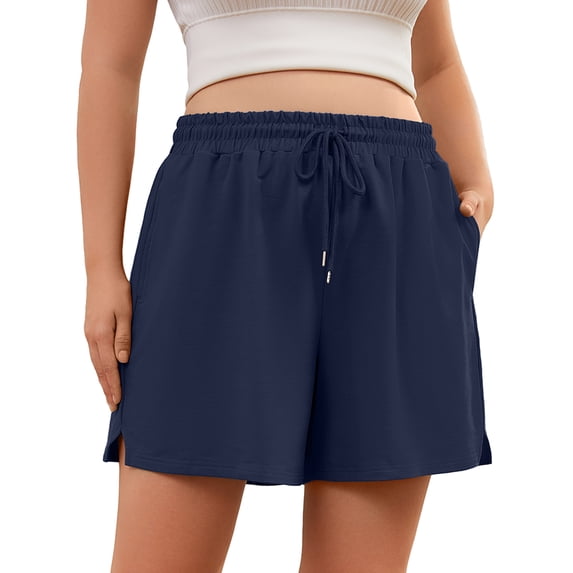 SHOWMALL Plus Size Workout Shorts for Women, Casual Lounge Shorts, Navy Blue 3X Soft Cotton Athletic Shorts with Pockets