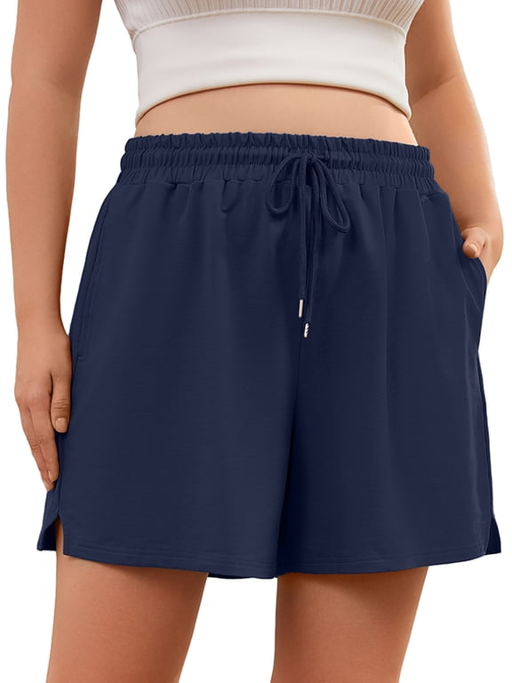 Plus Size Workout Shorts for Women, Casual Lounge Shorts, Navy Blue 3X Soft Cotton Athletic Shorts with Pockets