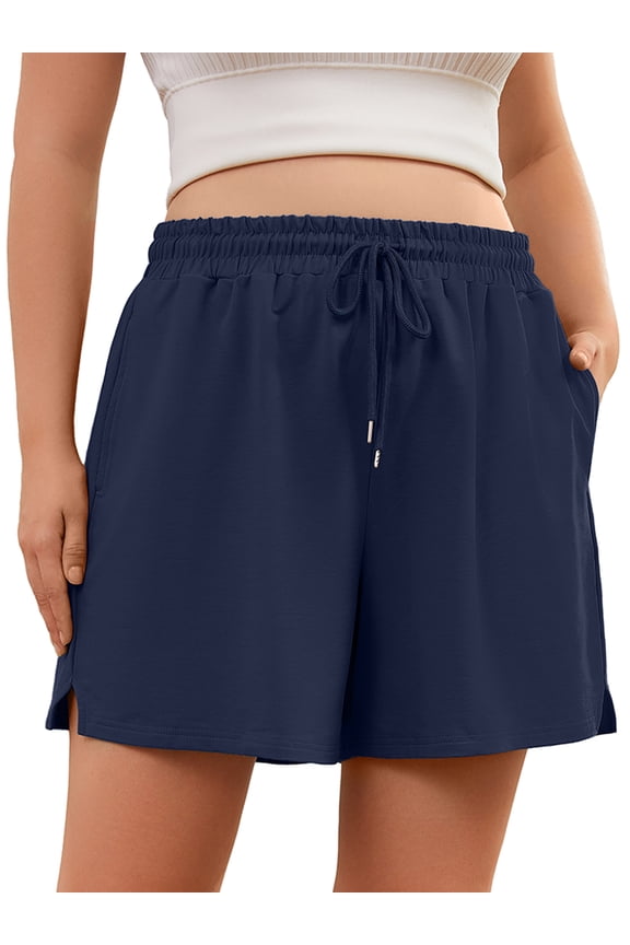 Plus Size Workout Shorts for Women, Casual Lounge Shorts, Navy Blue 3X Soft Cotton Athletic Shorts with Pockets