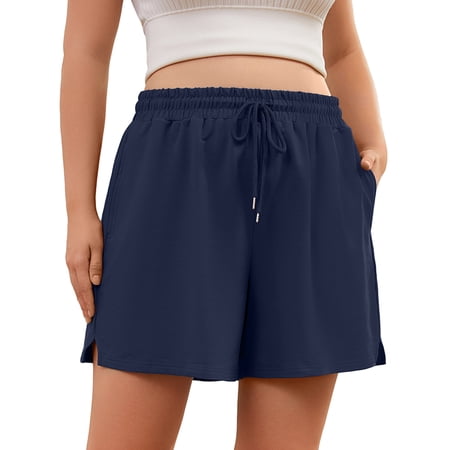 SHOWMALL Plus Size Workout Shorts for Women, Casual Lounge Shorts, Navy Blue 4X Soft Cotton Athletic Shorts with Pockets