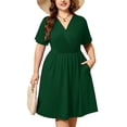 thumbnail image 1 of SHOWMALL Plus Size Wrap Dress for Women, Soft Stretch V Neck Casual Summer Dress, Dark Green 1X Elastic Waist Flowy A-Line Dress with Pockets, 1 of 7