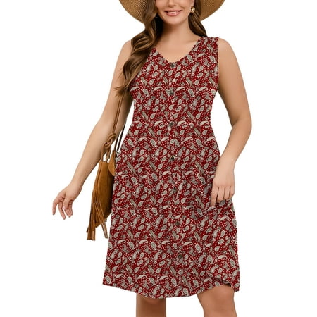SHOWMALL Plus Summer Floral Dresses for Women Sleeveless Casual Loose Red Paisley 4X Swing Button Down Midi Dress with Pockets