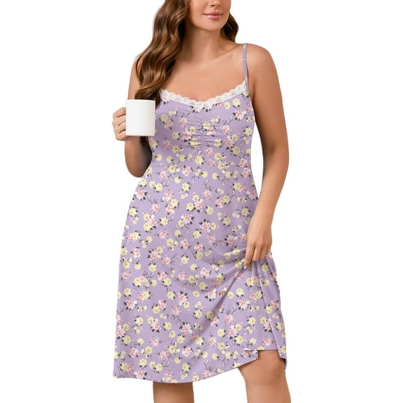 SHOWMALL Plus Women's Sleepshirt Comfy Sleeveless Sleepwear Yellow Pink Roses 2X Spaghetti Strap Floral Nightgown