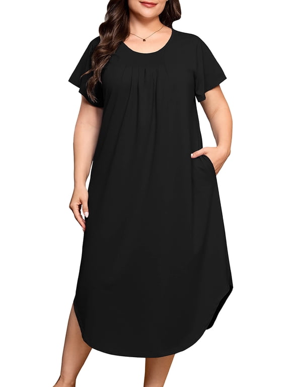 Plus Size Nightgowns for Women Short Sleeve Dresses with Pockets Soft Sleepwear House Dress Black 3X