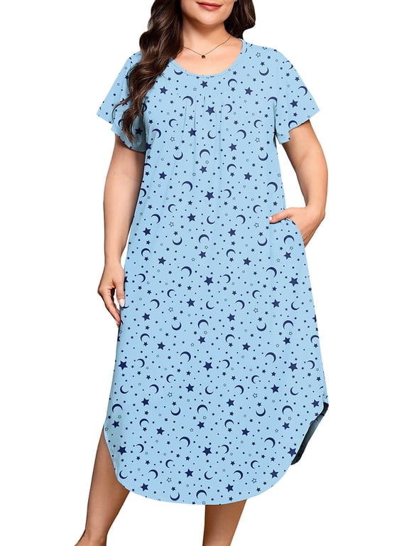 Plus Size Nightgowns for Women Short Sleeve Dresses with Pockets Soft Sleepwear House Dress Blue Starry Moon 3X